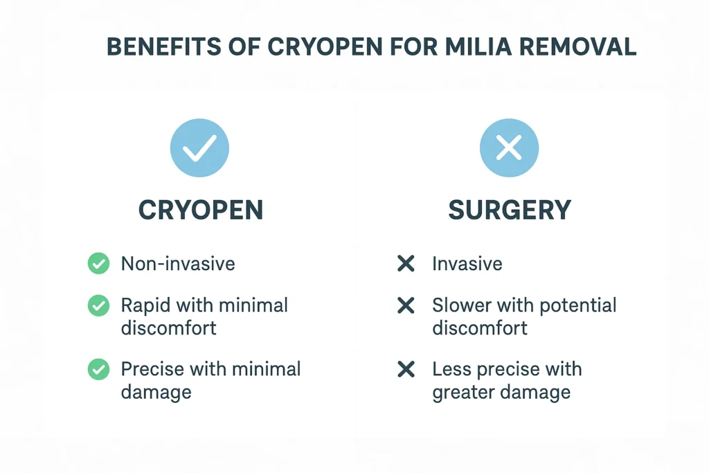 Benefits of cryopen for milia removal Southall compared to surgical treatments.