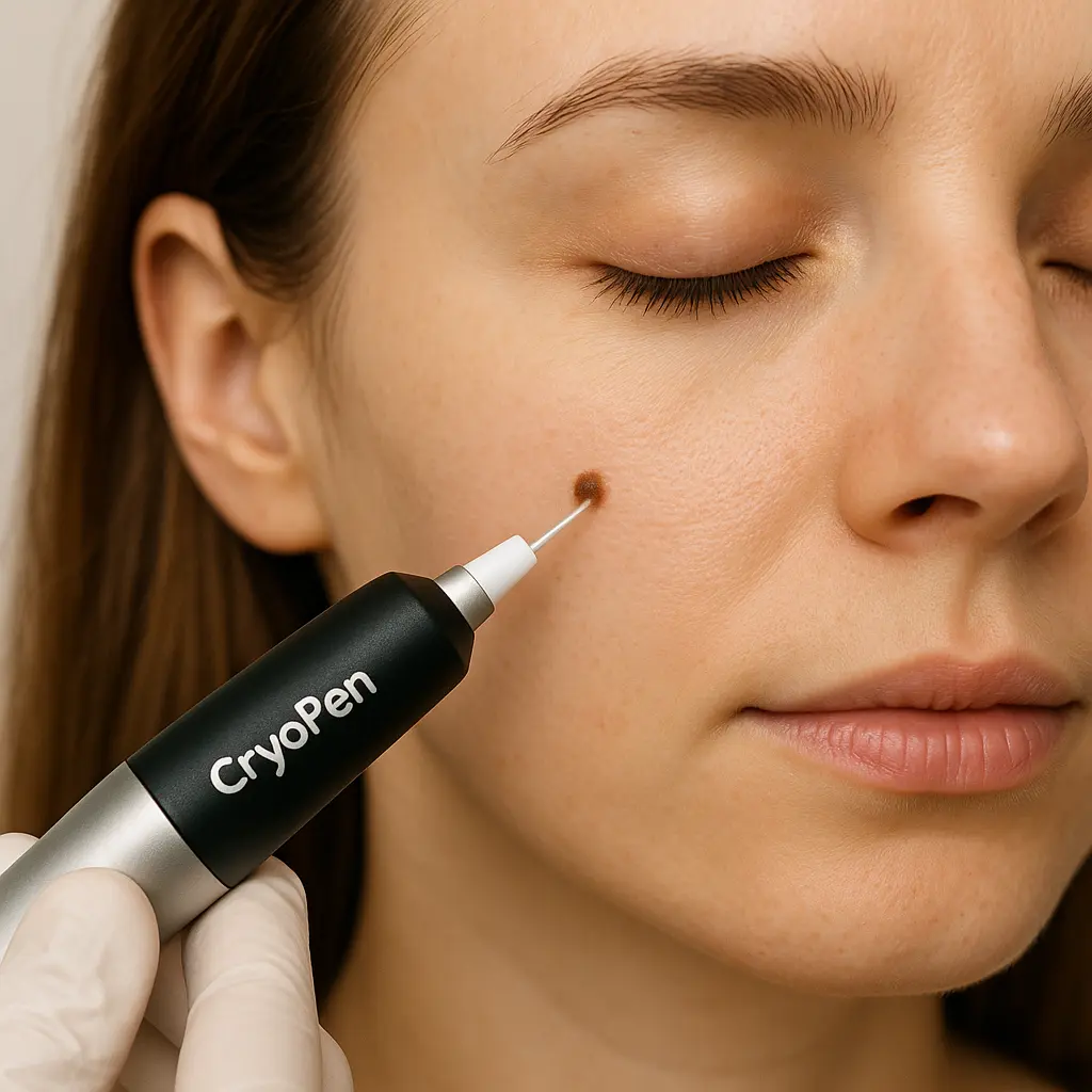 woman receiving facial mole removal Southall using cryopen