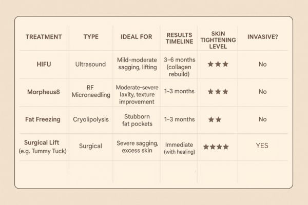 Table showing the comparisons of Skin tightening Southall treatment options.